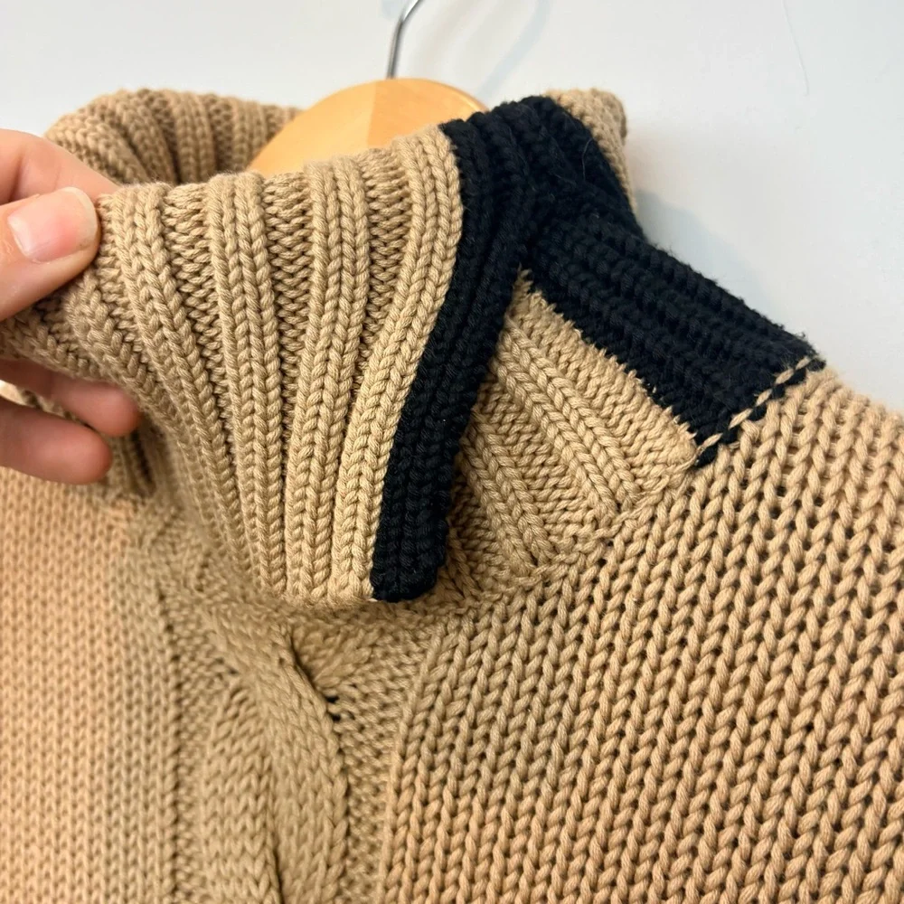 Cleo Cable Knit Split Turtleneck Sweater Camel Navy Trim Cozy Knit - Picture 6 of 11